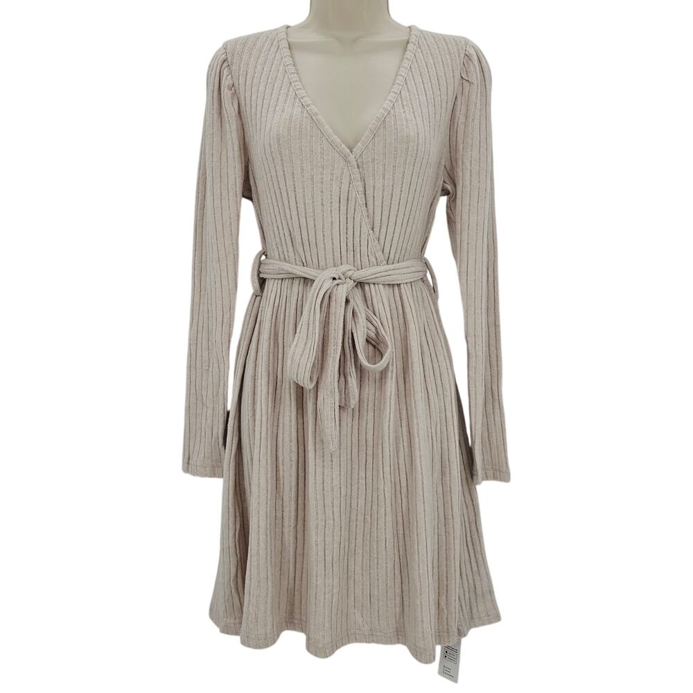 Cupshe Womans size M Rib Belted Faux Wrap Gigot Sleeve Mini Dress Tan NEW